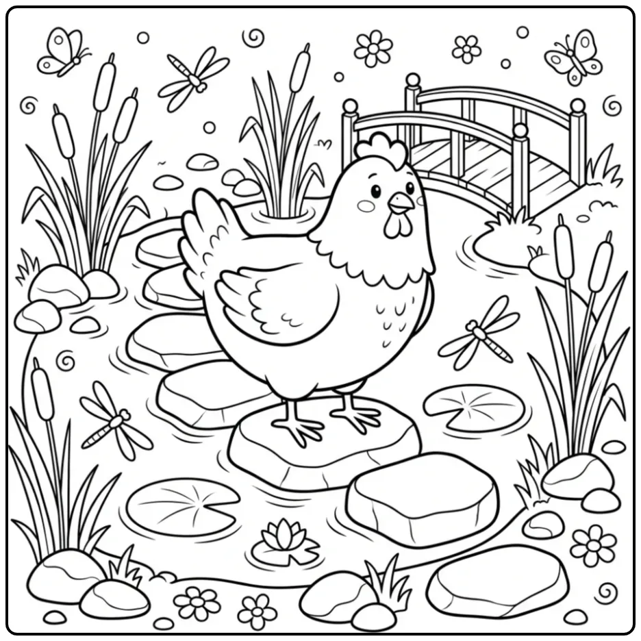 Leuke kleurplaat kip balancerend op stapstenen in een vijver.