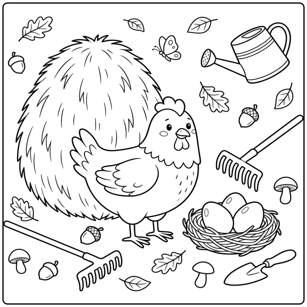 Leuke boerderij kleurplaat kip en ei met hooibaal.