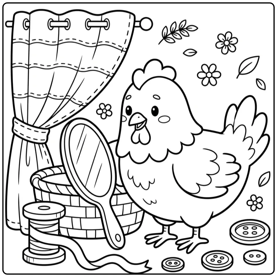 Een kleurplaat kip die in een spiegel kijkt bij een mandje.