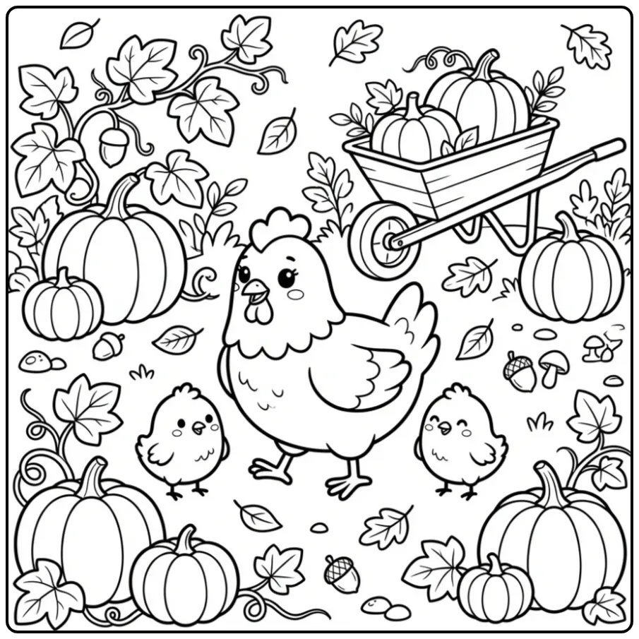 Leuke kleurplaat kip met kuikens tussen de pompoenen.