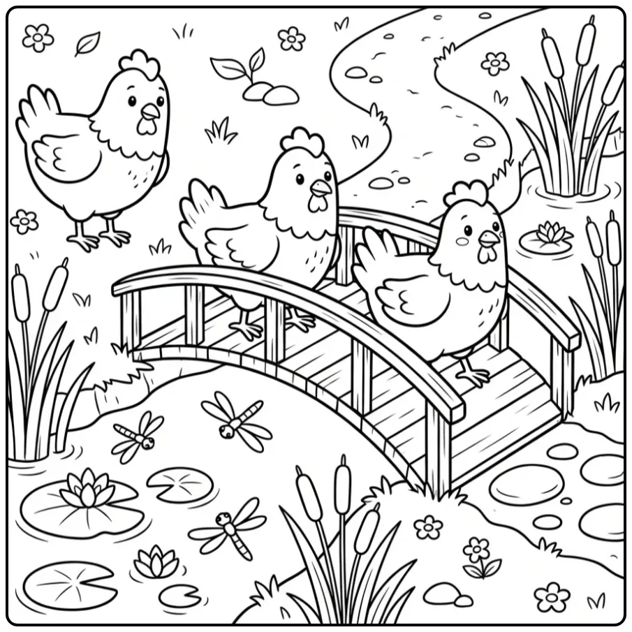 Een leuke kleurplaat kippen die een houten brug oversteken.