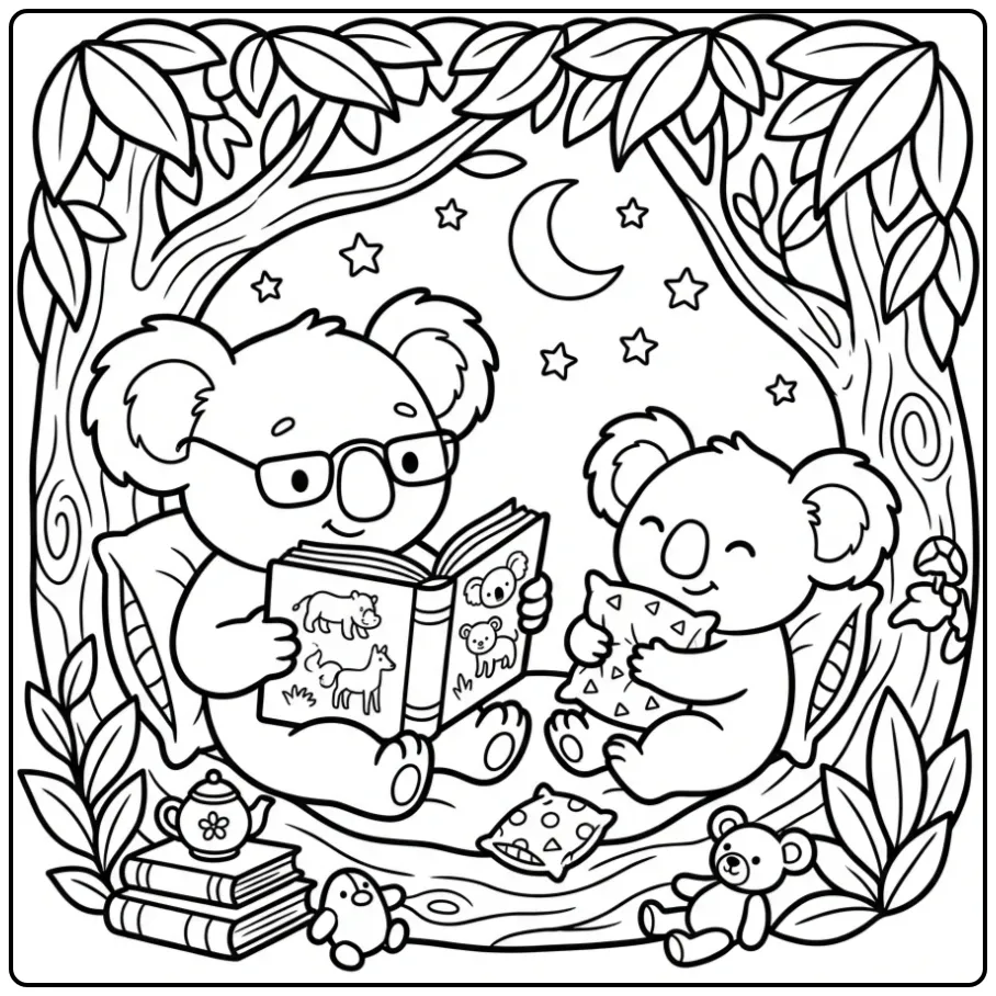Lieve kleurplaat koala beer met boekje en de maan.
