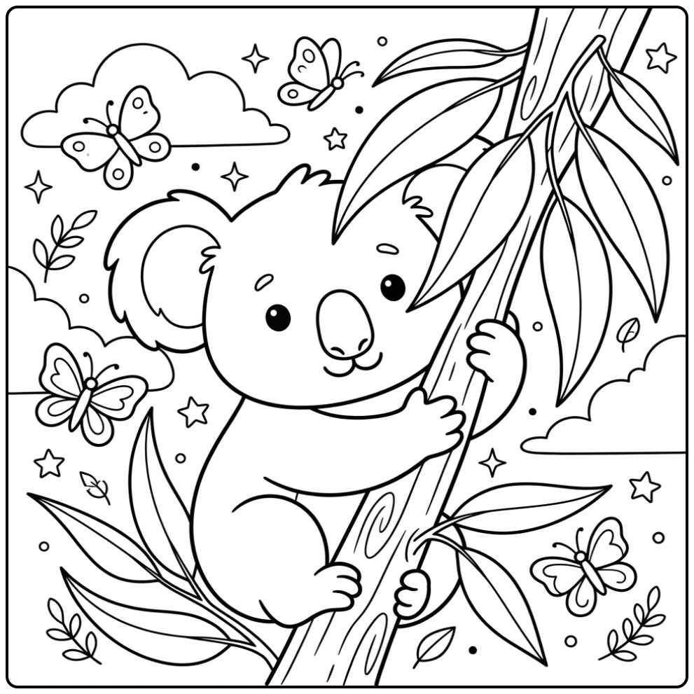 Kleurplaat koala beer knuffelt een tak in cartoonstijl.