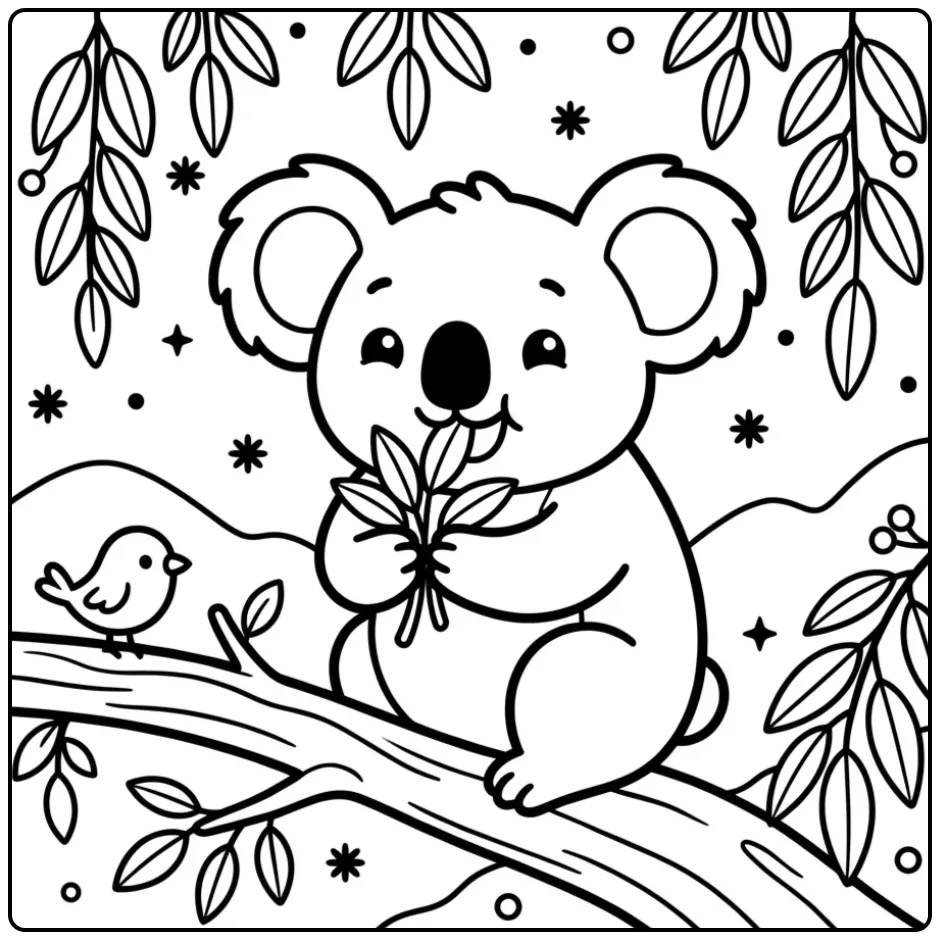 Kleurplaat koala beer zittend op een tak met bladeren.