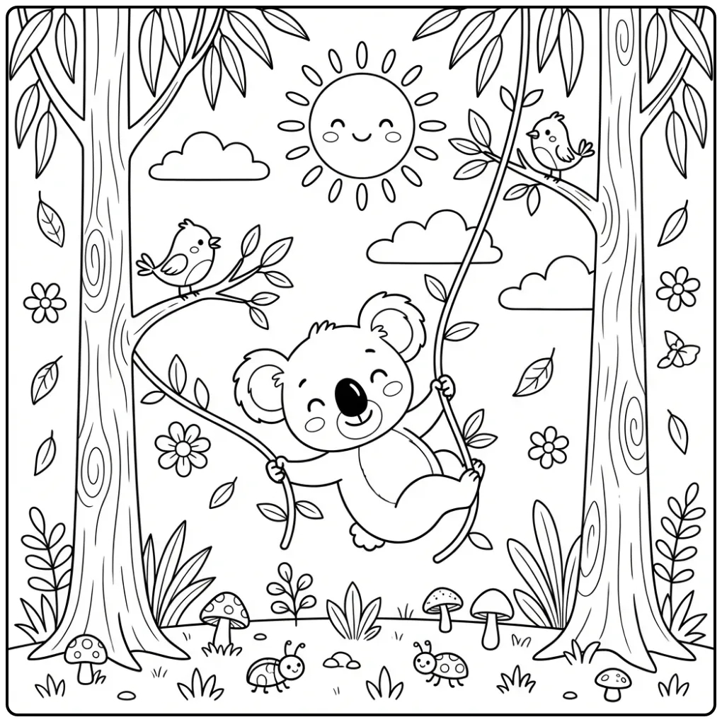 Vrolijke kleurplaat koala beer slingerend in boom.