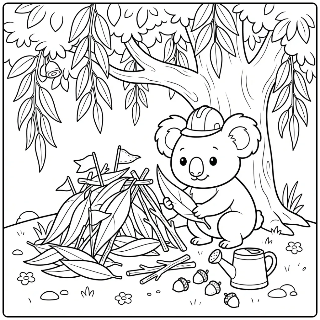 Kleurplaat koala beer bouwt een fort van bladeren.