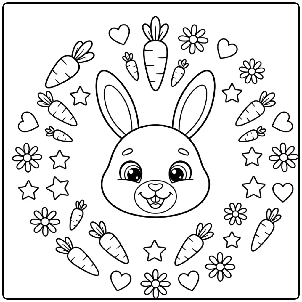 Een vrolijke kleurplaat konijn hoofd omringd door hartjes