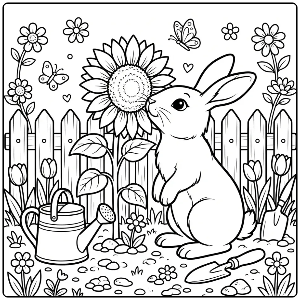 Kleurplaat konijn dat aan een zonnebloem ruikt.