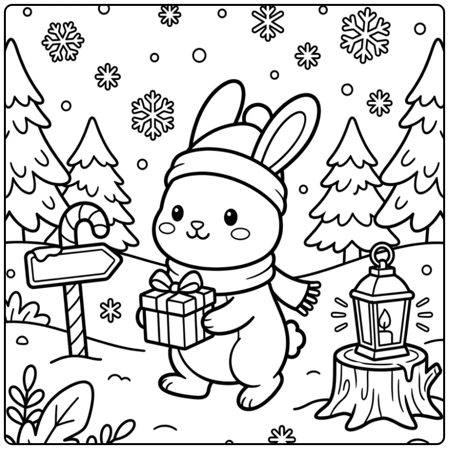 Leuke kleurplaat konijn kerst met een cadeautje in de sneeuw.
