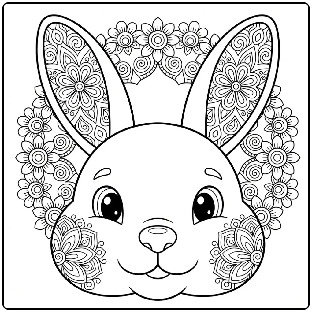 Close-up kleurplaat konijn mandala met versierde oren.