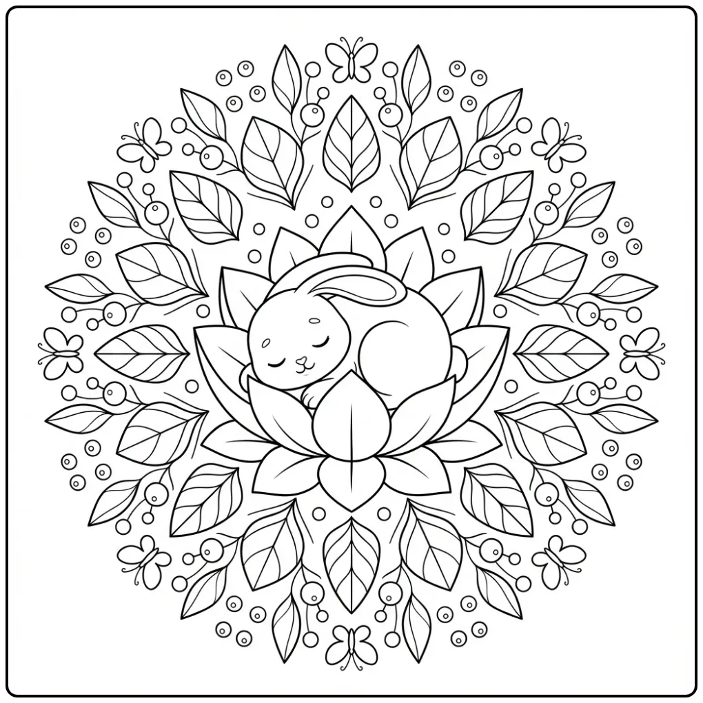 Slapend diertje in een kleurplaat konijn mandala met vlinders.