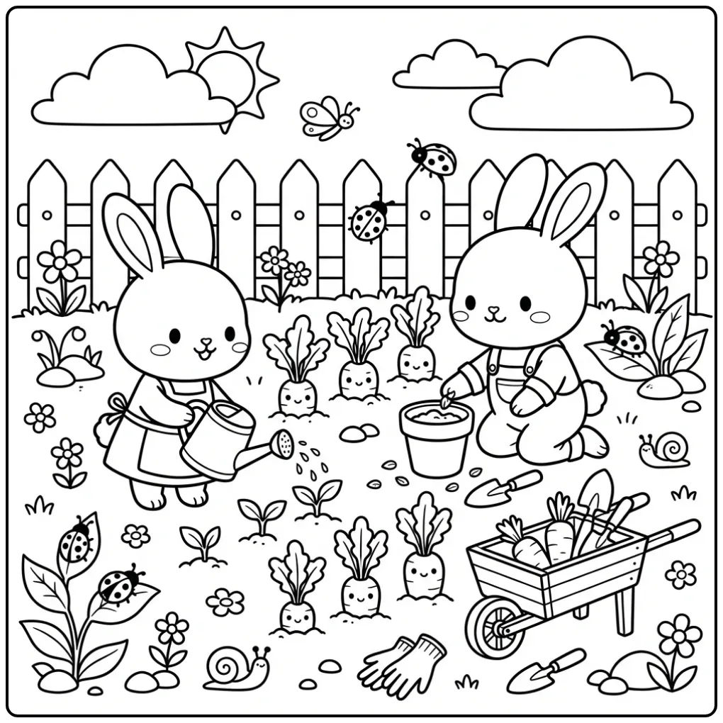 Leuke kleurplaat konijntjes die samen tuinieren in de zon.