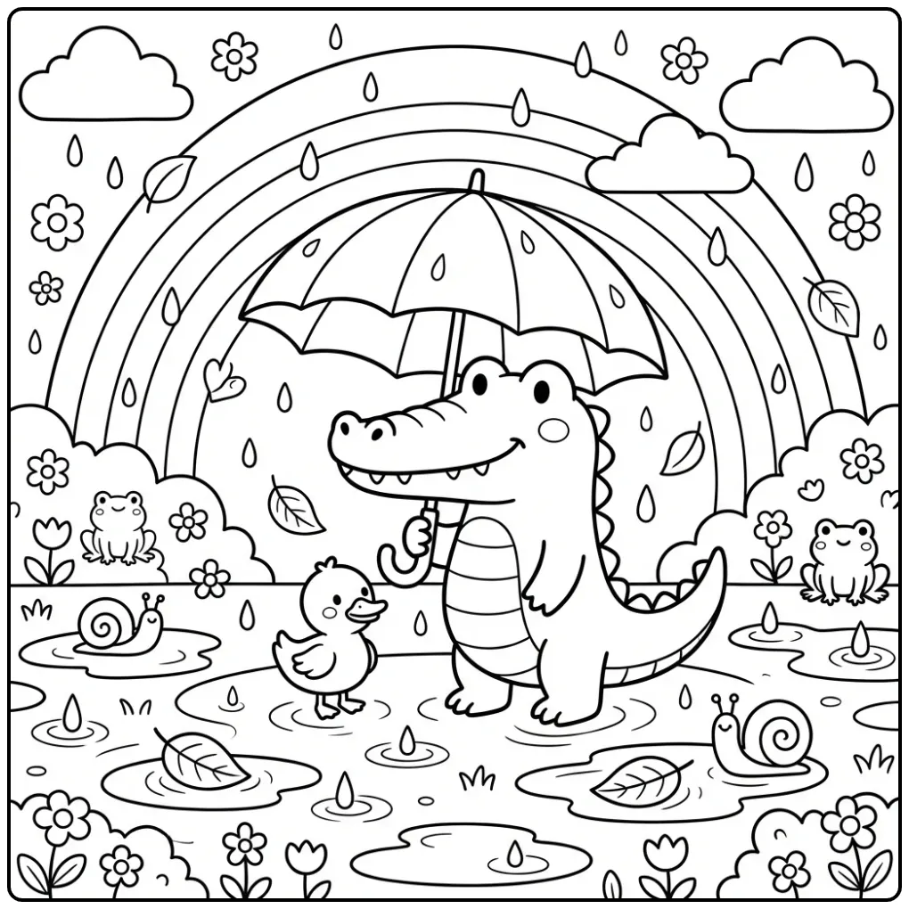 Kleurplaat krokodil deelt paraplu met klein eendje