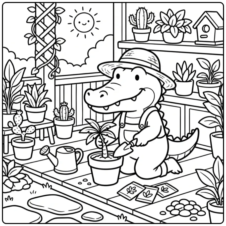 Een leuke kleurplaat krokodil die een palmboom plant in een pot.