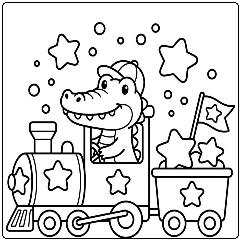 Vrolijke kleurplaat krokodil peuters in een speelgoedtreintje.