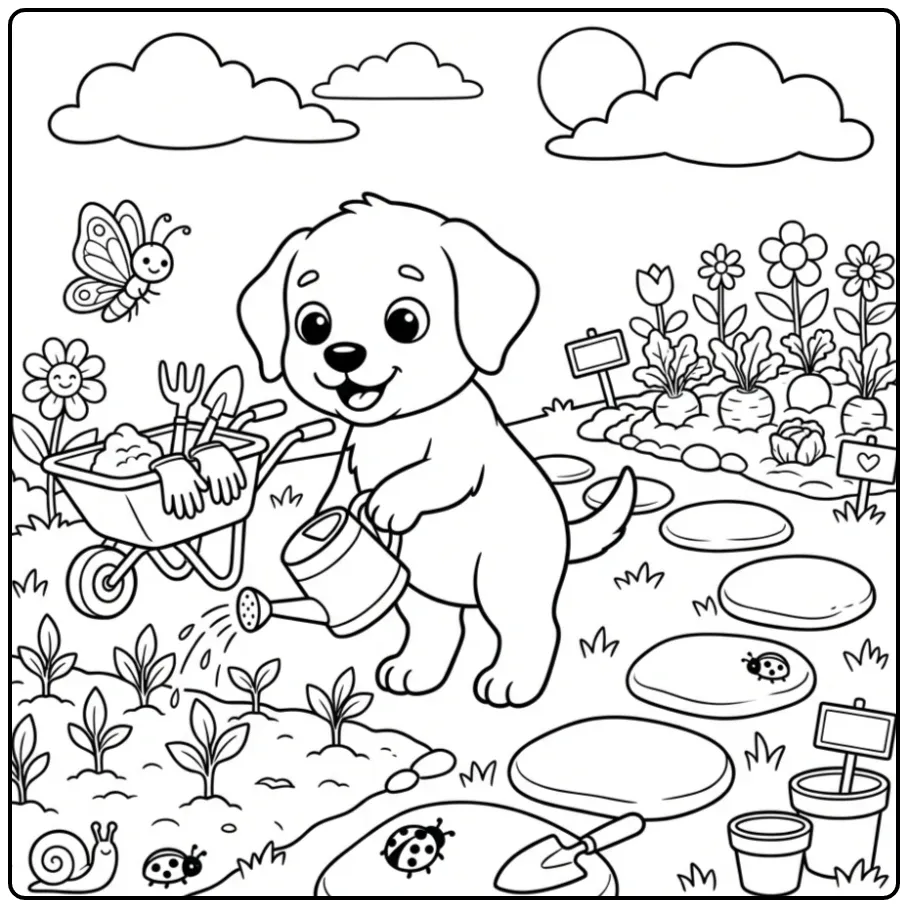 Tuinierende kleurplaat labrador puppy met gieter en plantjes.