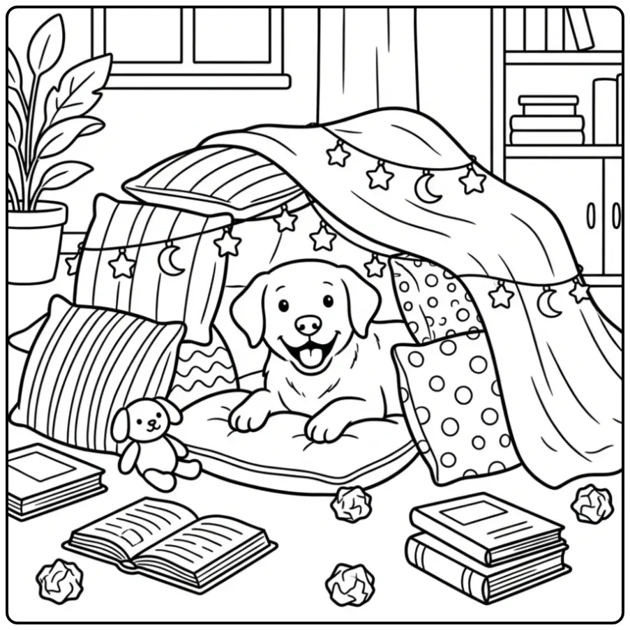 Vrolijke kleurplaat labrador bouwt een fort van kussens.