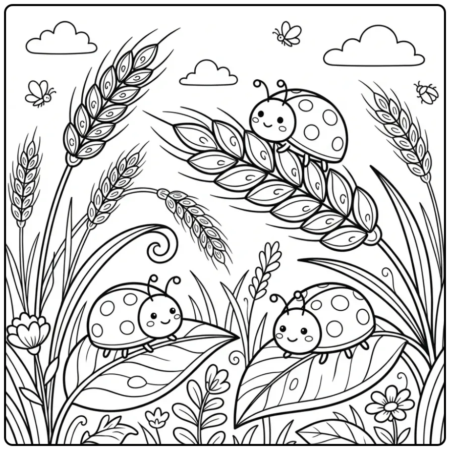 Leuke kleurplaat lieveheersbeestje met kevers in het graan