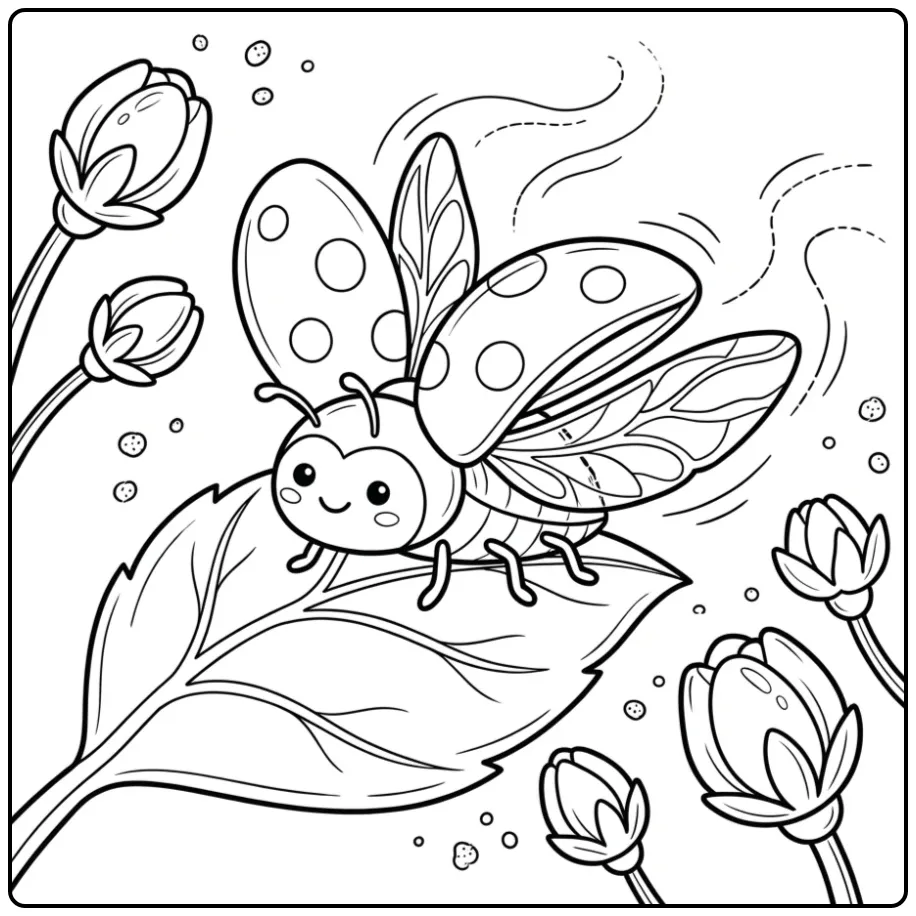 Een kleurplaat lieveheersbeestje die wegvliegt van een blad.