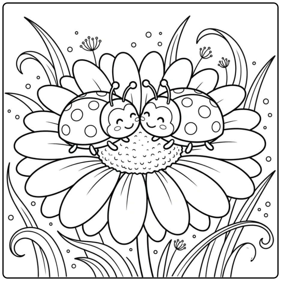 Kleurplaat lieveheersbeestje met twee vriendjes op een bloem