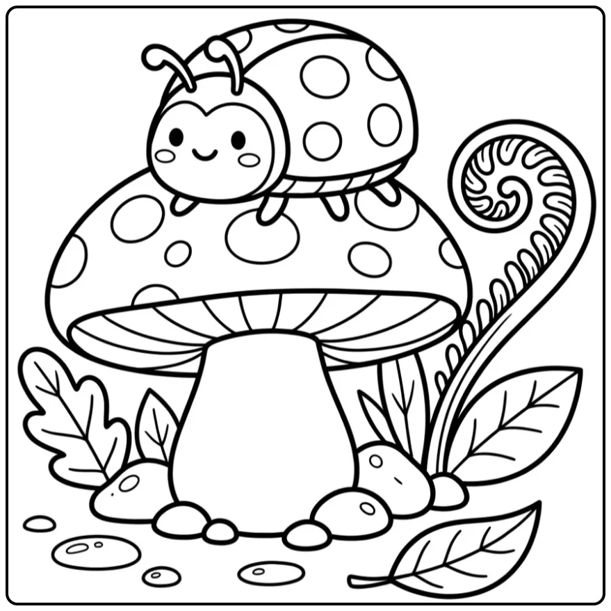 Printbare kleurplaat lieveheersbeestje in het bos.