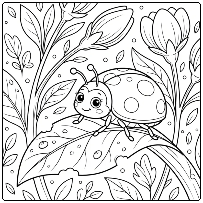 Realistische kleurplaat lieveheersbeestje op een blad met dauw