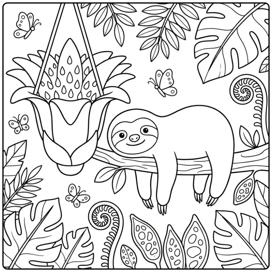 Kleurplaat luiaard rustend tussen varens en vlinders