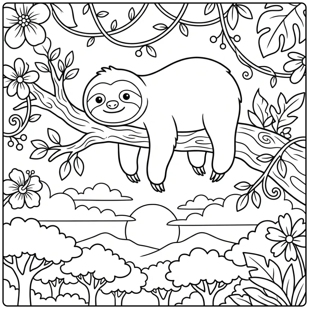 Een leuke kleurplaat luiaard op een tak bij zonsondergang.