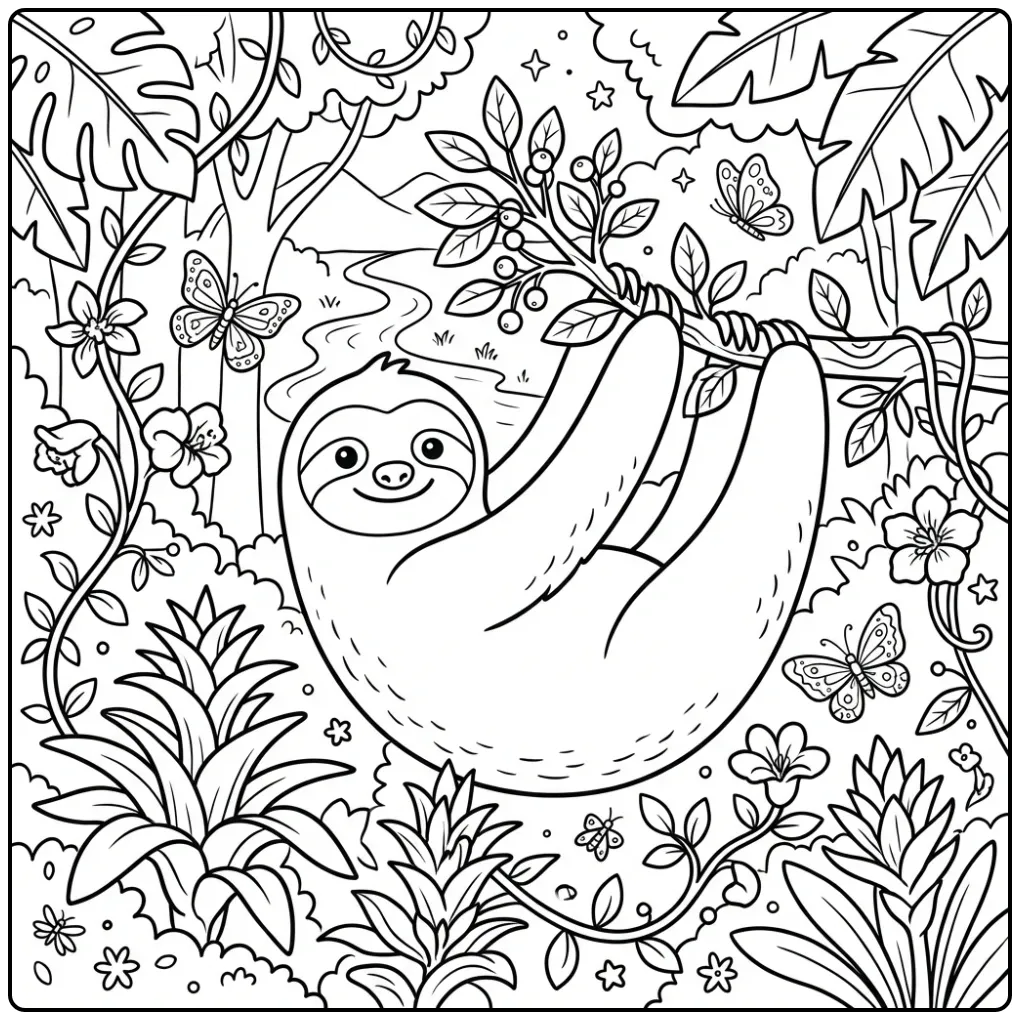 Kleurplaat luiaard rekt zich uit voor blaadjes in het bos.