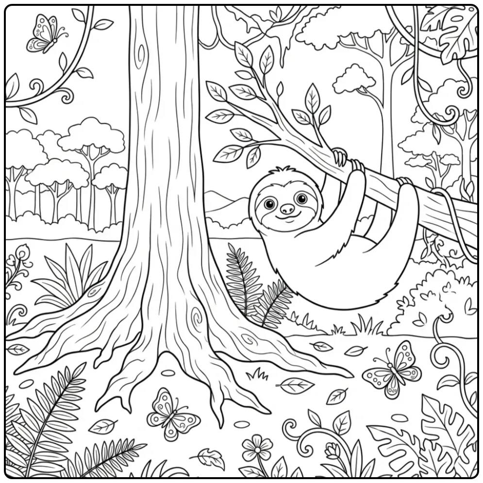 Een leuke kleurplaat luiaard naast een grote boom in het bos.