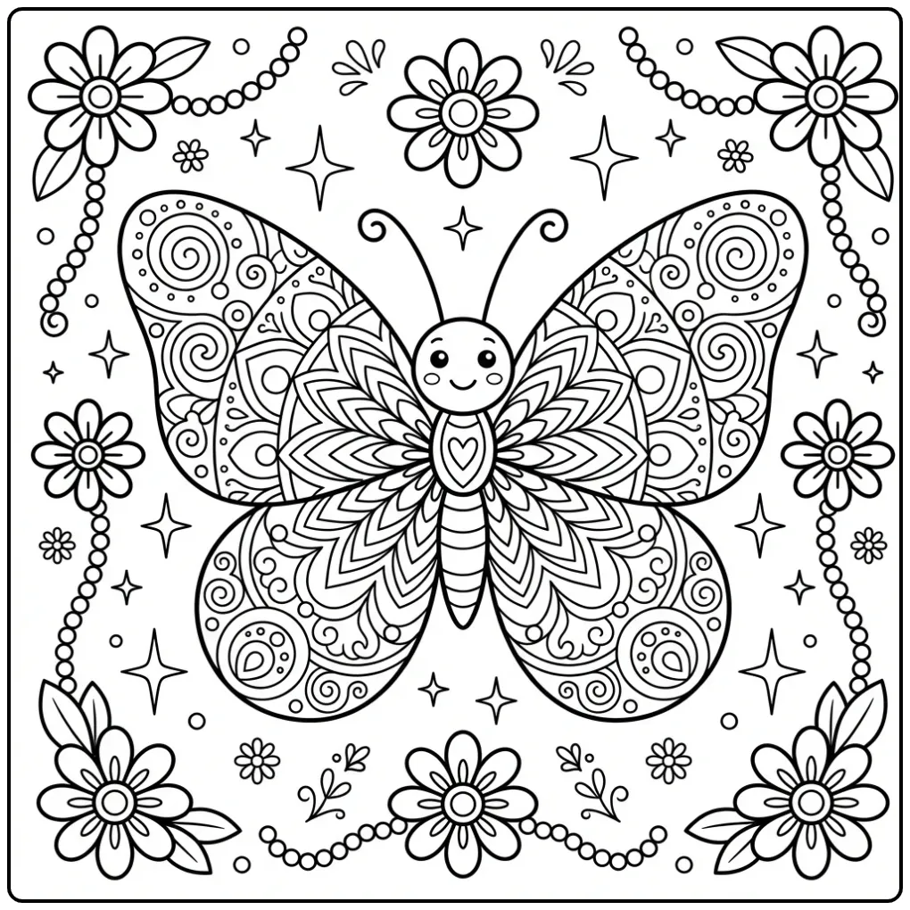 Grote kleurplaat mandala vlinder met ronde vleugels.