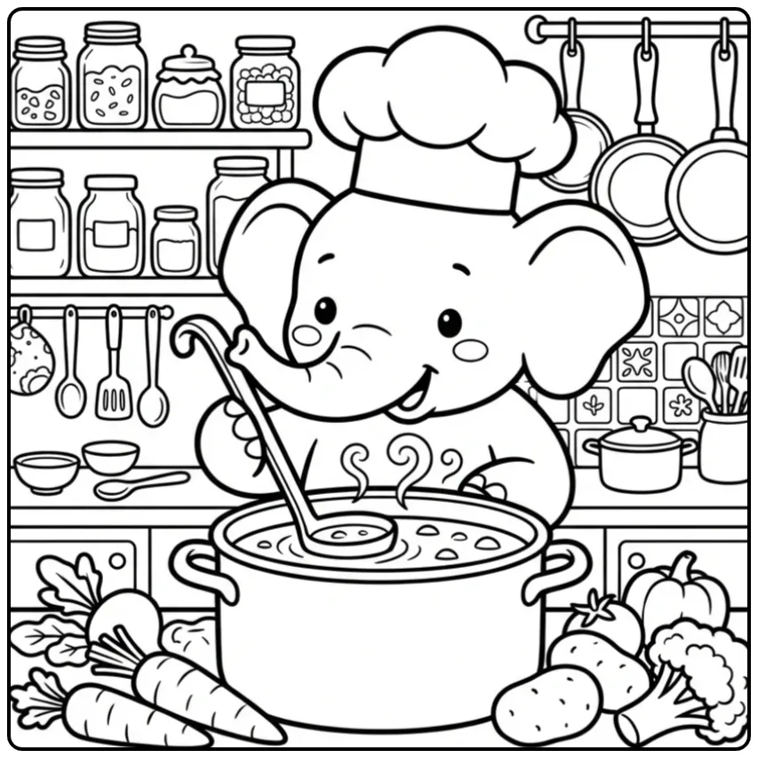 Een leuke kleurplaat olifant als kok die soep roert.