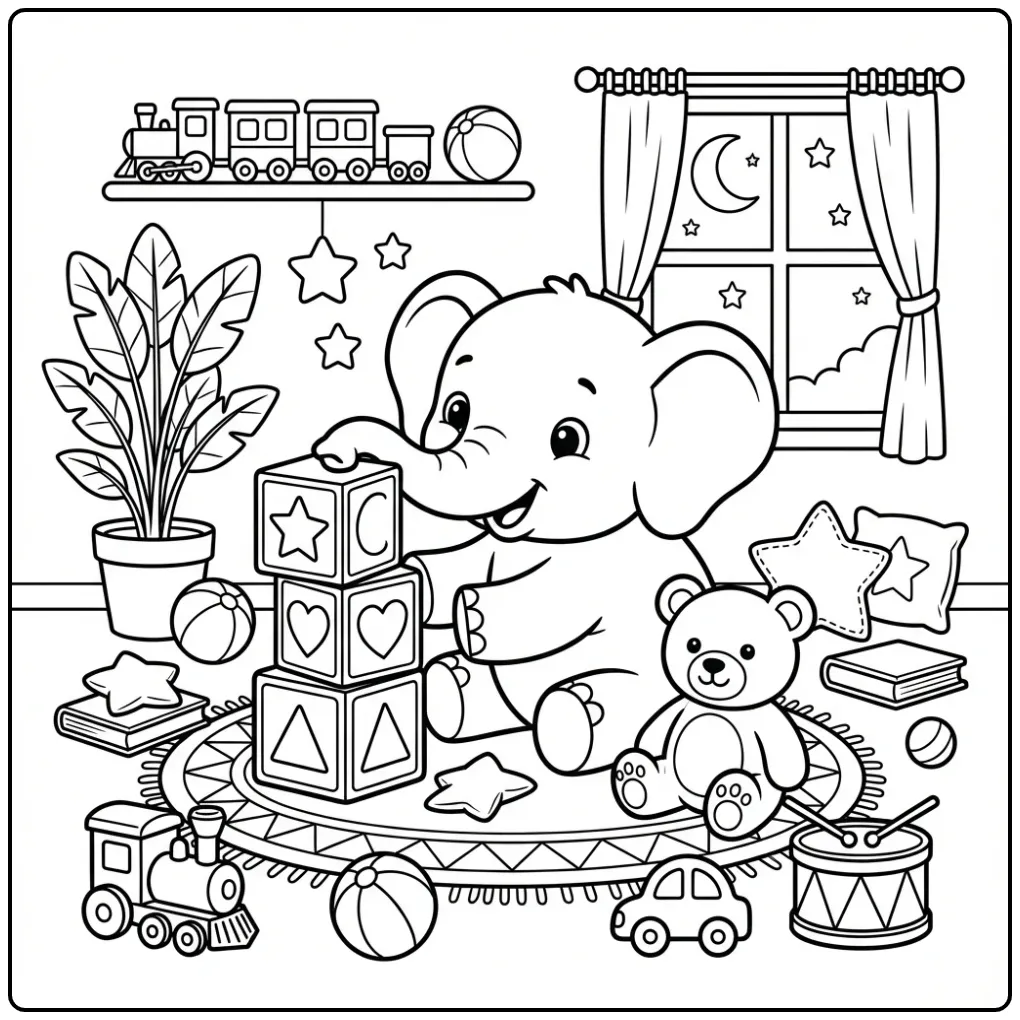 Vrolijke kleurplaat olifant makkelijk stapelt speelgoed op