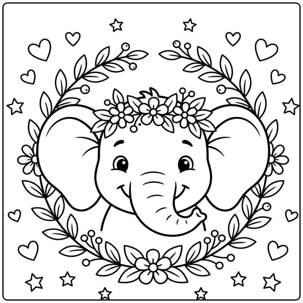 Vrolijke kleurplaat olifant makkelijk met bloemen en hartjes