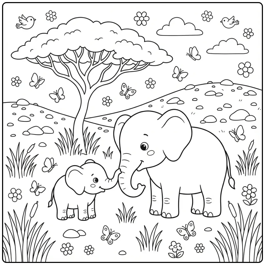 Kleurplaat olifant van moeder en kalfje op de savanne.