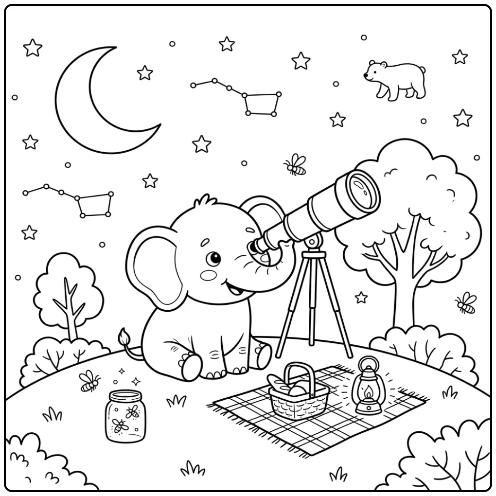 Kleurplaat olifant kijkt door een telescoop naar de maan.
