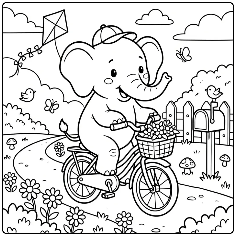 Een vrolijke kleurplaat olifant fietst langs mooie bloemen.