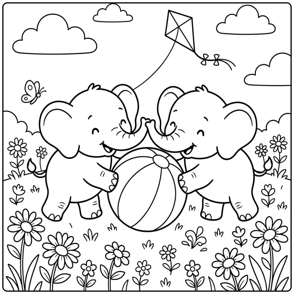 Vrolijke kleurplaat olifantje spelend met een grote bal