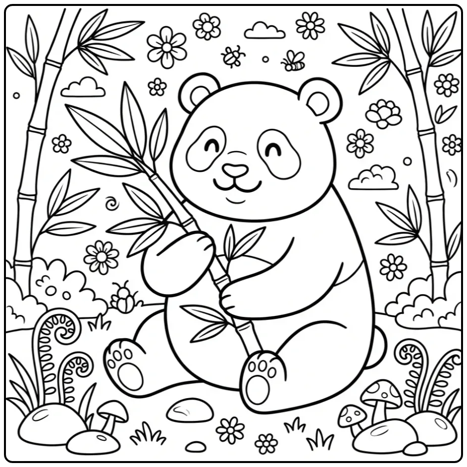 Een vrolijke kleurplaat panda zittend met bamboe.