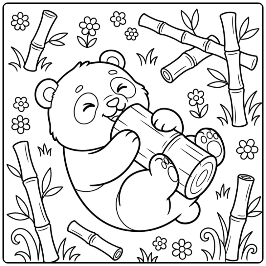 Een vrolijke kleurplaat panda liggend op zijn rug.