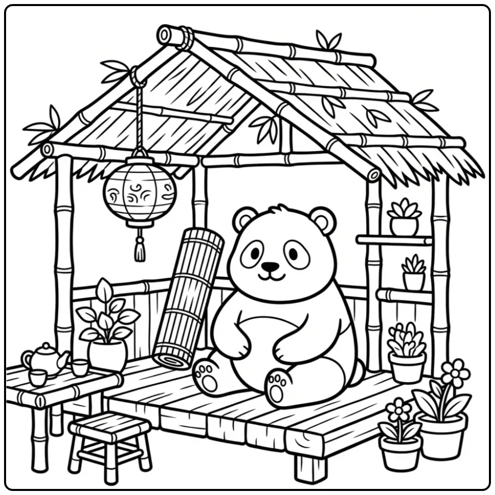 Een gedetailleerde kleurplaat panda zittend in een bamboehut.