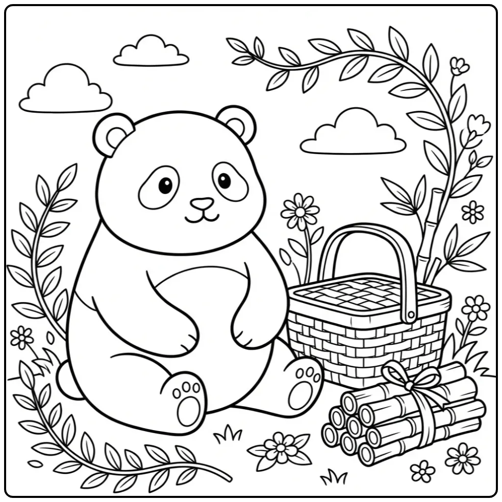 Realistische kleurplaat panda aan het picknicken met bamboe.