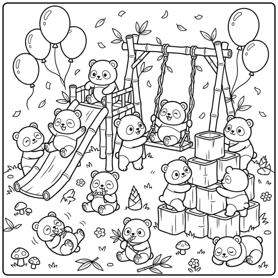 Lieve kleurplaat pandabeertjes met ballonnen en glijbaan