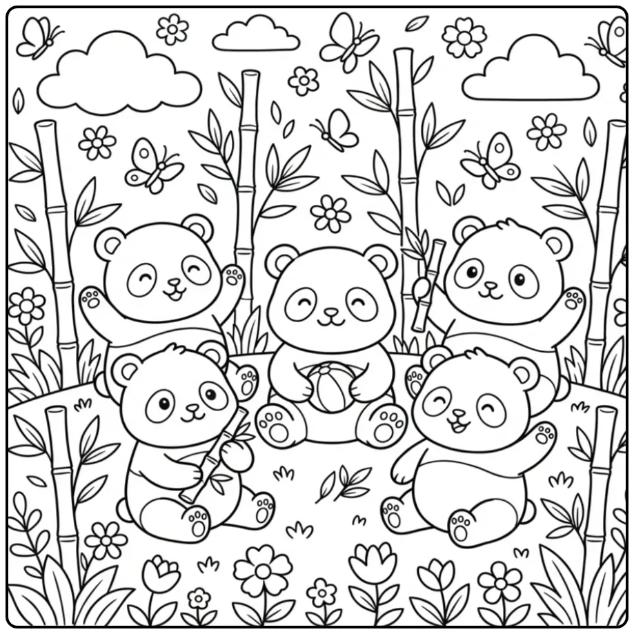 Vrolijke kleurplaat pandabeertjes met bamboe en vlinders