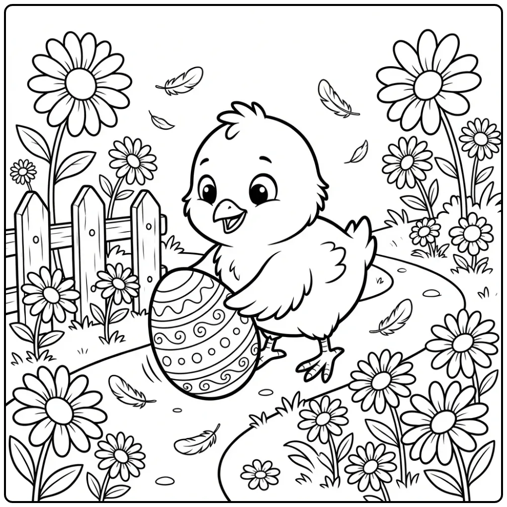 Lijntekening van een kleurplaat pasen kuiken die een ei rolt