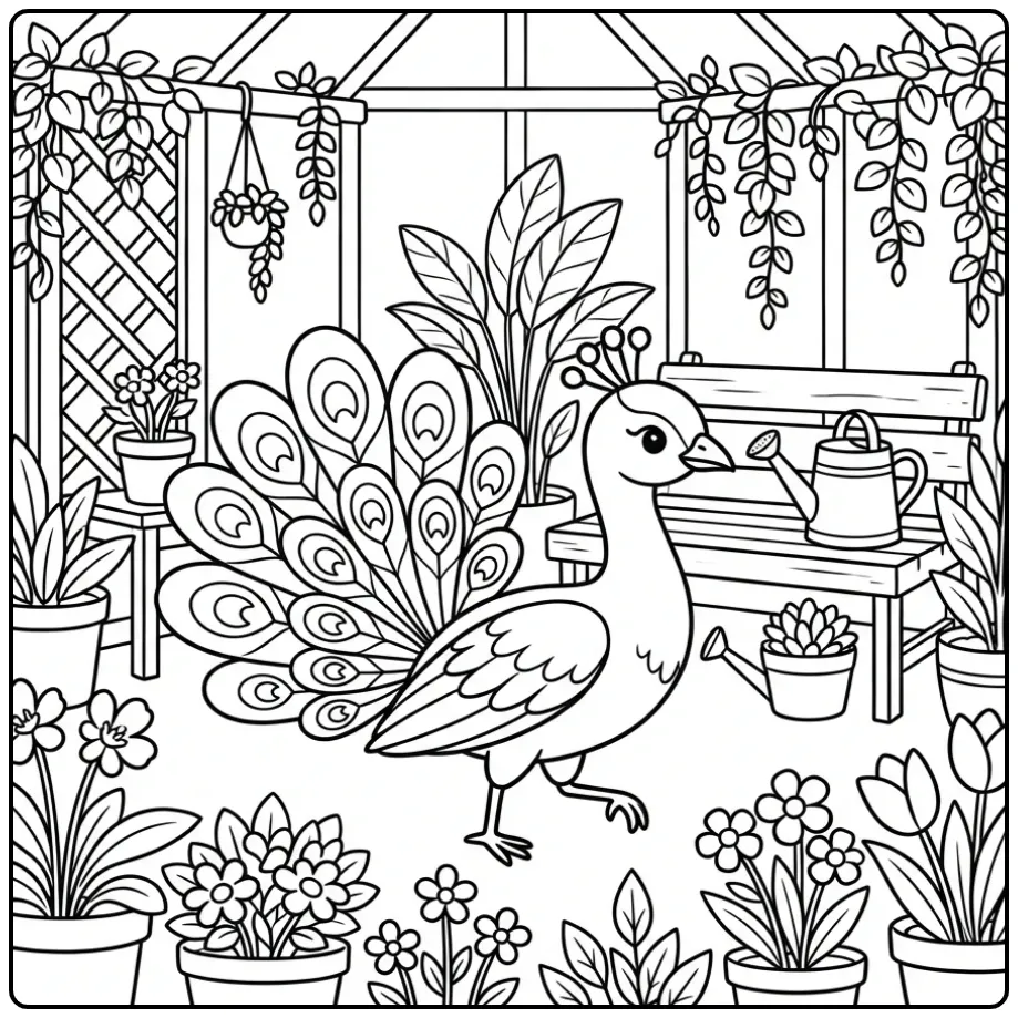 Een vrolijke kleurplaat pauw wandelt tussen de planten.