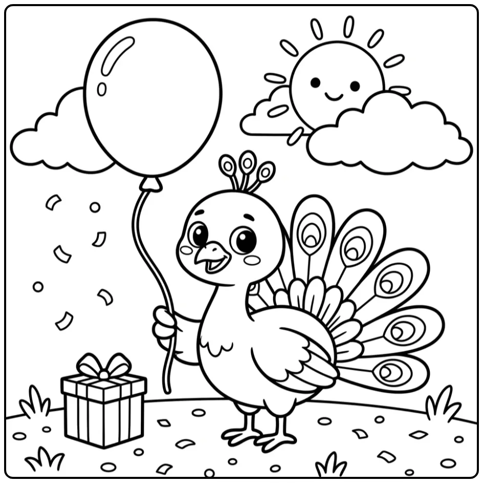 Vrolijke kleurplaat pauw makkelijk met een grote ballon.