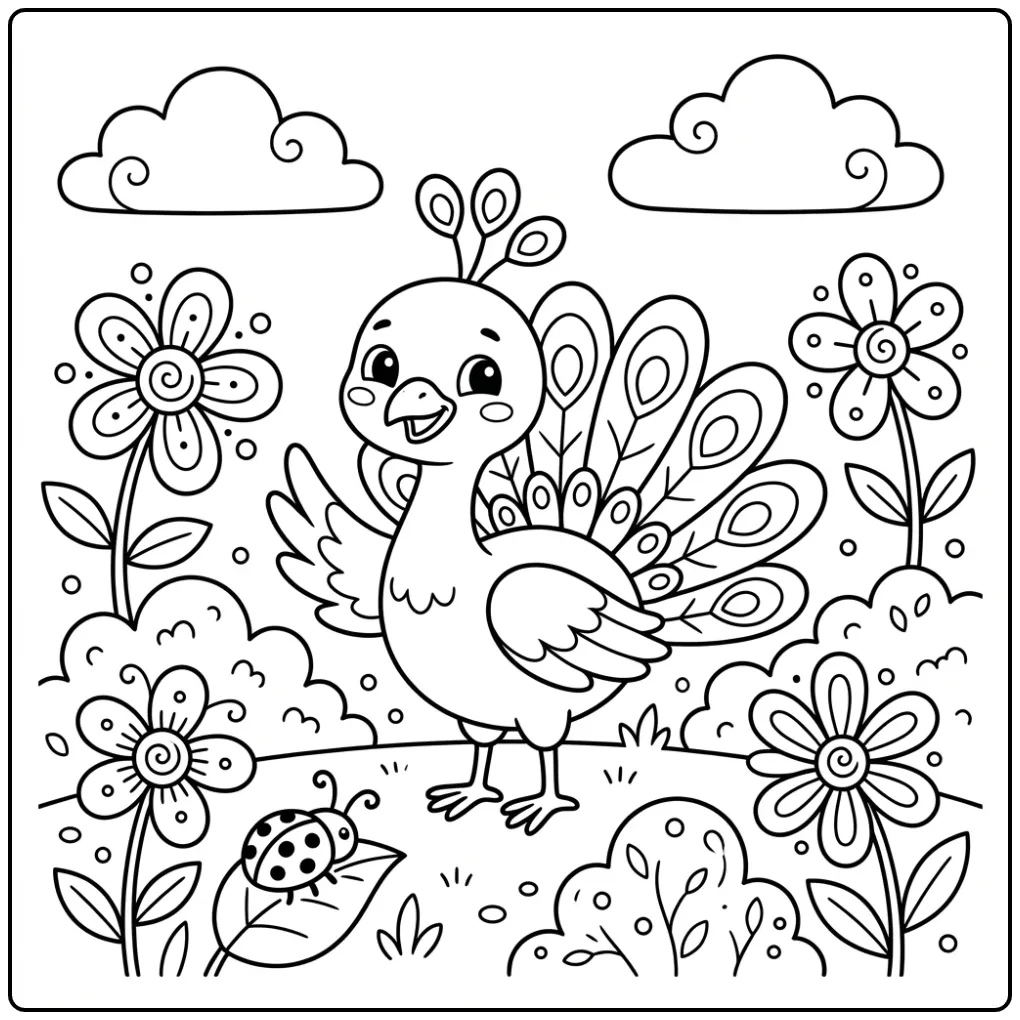 Een vrolijke kleurplaat pauw makkelijk zwaaiend in een tuin