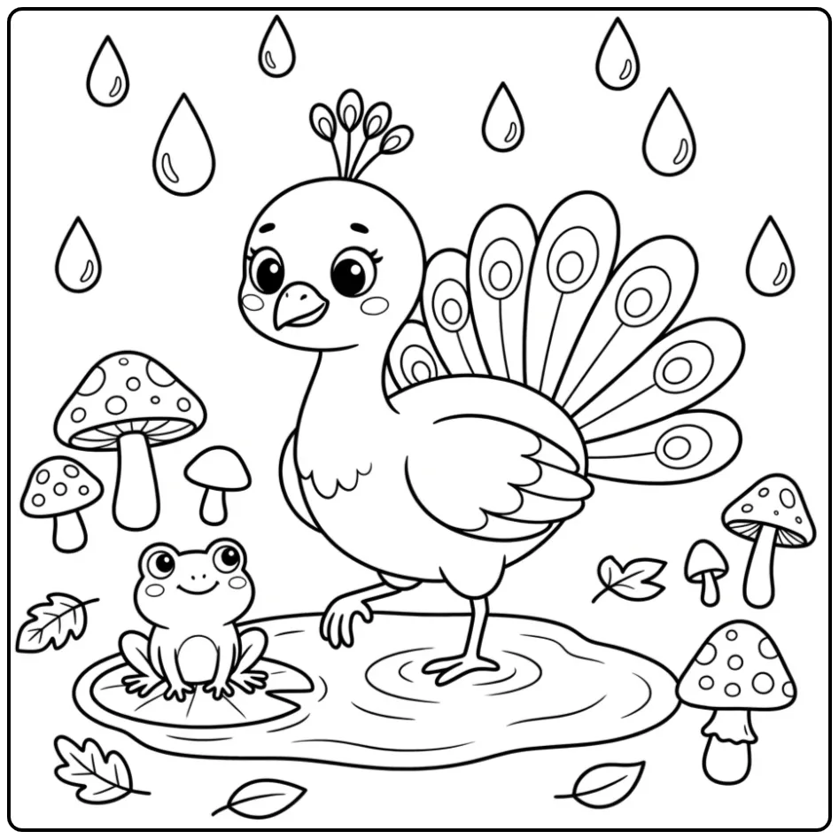 Lieve kleurplaat pauw makkelijk springt over een regenplas.