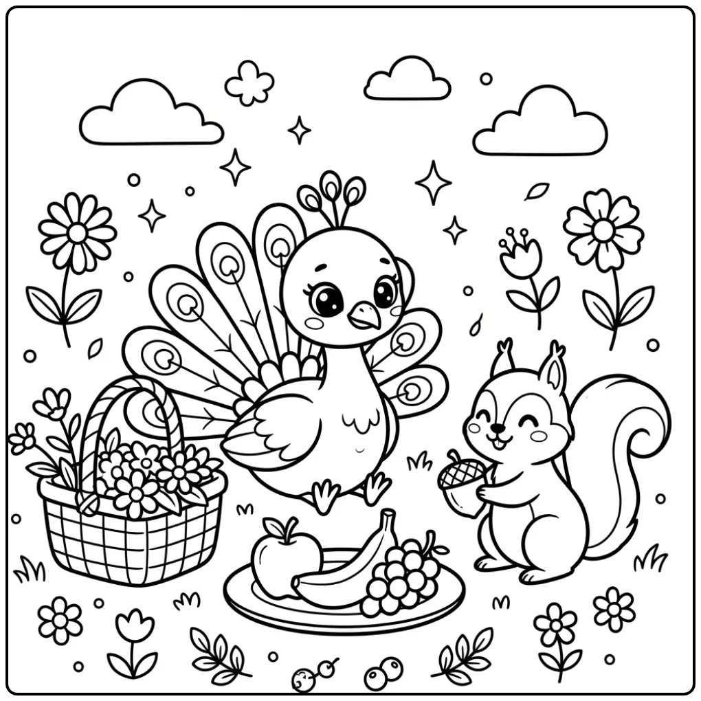 Leuke kleurplaat pauw makkelijk met fruit en een eekhoorn.